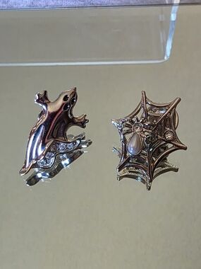 Silver-Tone Spider Web & Ghost Brooch Set with Rhinestones